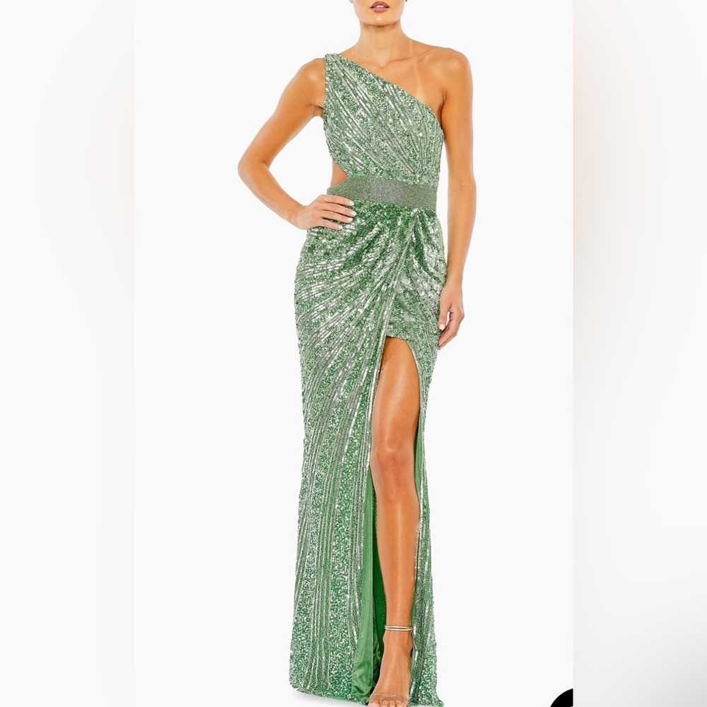 Mac Duggal SEQUINED ONE SHOULDER DRAPED LACE UP GOWN Color Sage Size 4